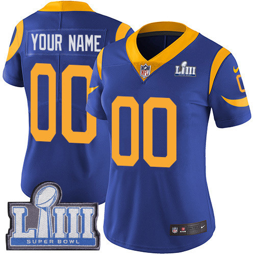 Women's Customized Los Angeles Rams Vapor Untouchable Super Bowl LIII Bound Limited Royal Blue Nike NFL Alternate Jersey Women's Customized Los Angeles Rams Vapor Untouchable Super Bowl LIII Bound Limited Royal Blue Nike NFL Alternate Jersey