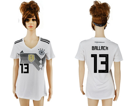 Women's Germany #13 Ballack White Home Soccer Country Jersey Women's Germany #13 Ballack White Home Soccer Country Jersey