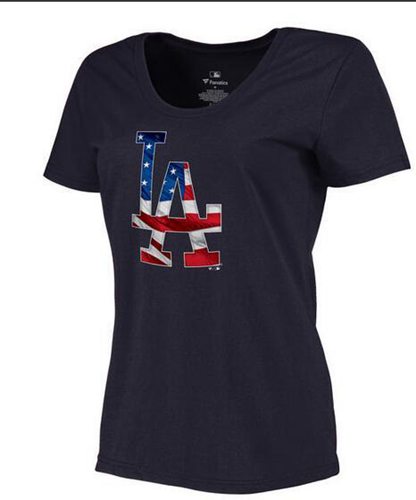 Women's Los Angeles Dodgers USA Flag Fashion T-Shirt Navy Blue Women's Los Angeles Dodgers USA Flag Fashion T-Shirt Navy Blue
