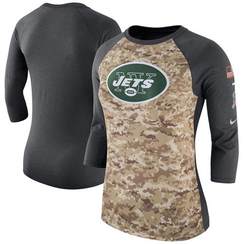 Women's New York Jets Nike Camo Charcoal Salute to Service Legend Three-Quarter Raglan Sleeve T-Shirt Women's New York Jets Nike Camo Charcoal Salute to Service Legend Three-Quarter Raglan Sleeve T-Shirt