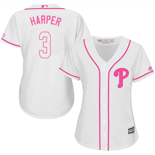 Women's Phillies #3 Bryce Harper White Pink Fashion Women's Stitched Baseball Jersey