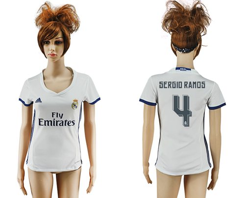 Women's Real Madrid #4 Sergio Ramos Home Soccer Club Jersey