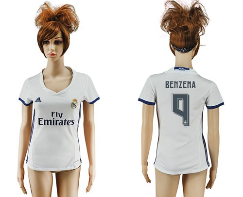 Women's Real Madrid #9 Benzema Home Soccer Club Jersey