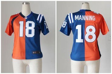 Women NEW Denver Broncos #18 Peyton Manning Orange-Blue NFL Elite Split Colts Jersey