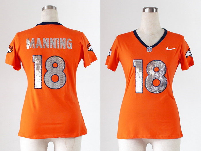 Women NEW Denver Broncos 18 Peyton Manning Orange Handwork Sequin lettering Fashion NFL Jerseys