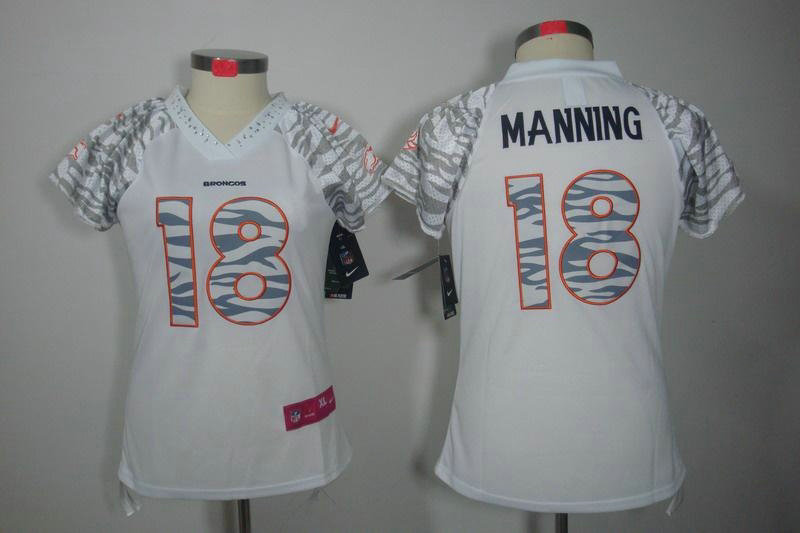 Women NEW Denver Broncos 18 Peyton Manning White Zebra Field Flirt Fashion Jerseys