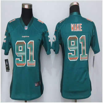 Women NewMiami Dolphins #91 Cameron Wake Green Strobe Elite Jersey