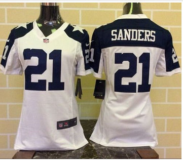 Women Nike Cowboys #21 Deion Sanders White Thanksgiving Throwback Stitched NFL Elite Jersey