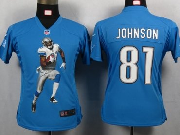 Womens NEW Detroit Lions 81 Johnson Blue Portrait Fashion Game Jerseys