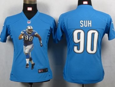 Womens NEW Detroit Lions 90 Suh Blue Portrait Fashion Game Jerseys