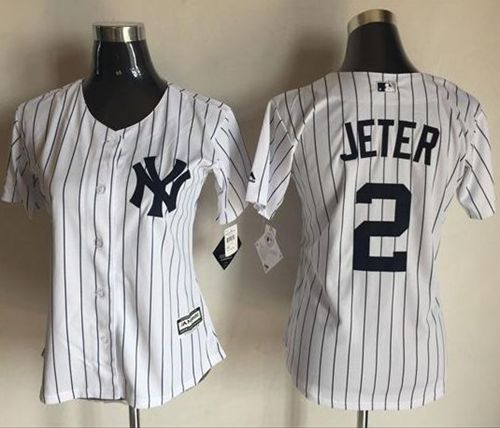 Yankees #2 Derek Jeter White With Black Strip Women's Fashion Stitched MLB Jersey