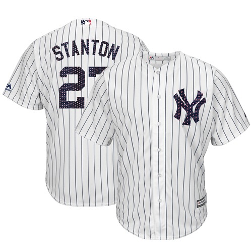 Yankees #27 Giancarlo Stanton White Strip New Cool Base 2018 Stars & Stripes Stitched Baseball Jersey Yankees #27 Giancarlo Stanton White Strip New Cool Base 2018 Stars & Stripes Stitched Baseball Jersey