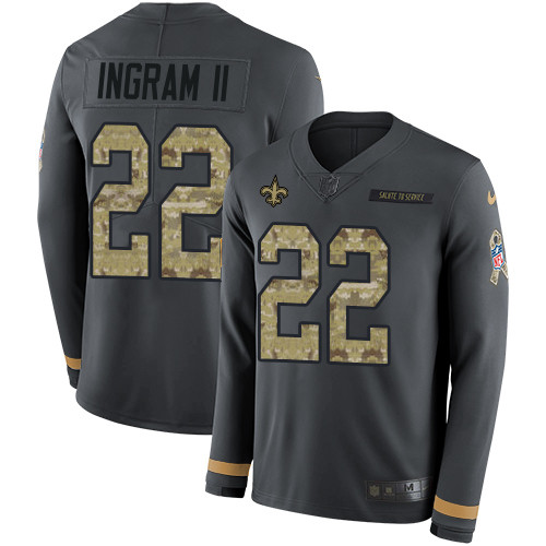 ike Saints #22 Mark Ingram II Anthracite Salute to Service Men's Stitched NFL Limited Therma Long Sleeve Jersey