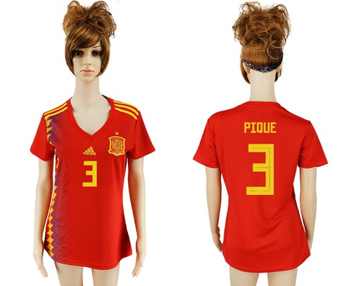 omen's Spain #3 Pique Red Home Soccer Country Jersey